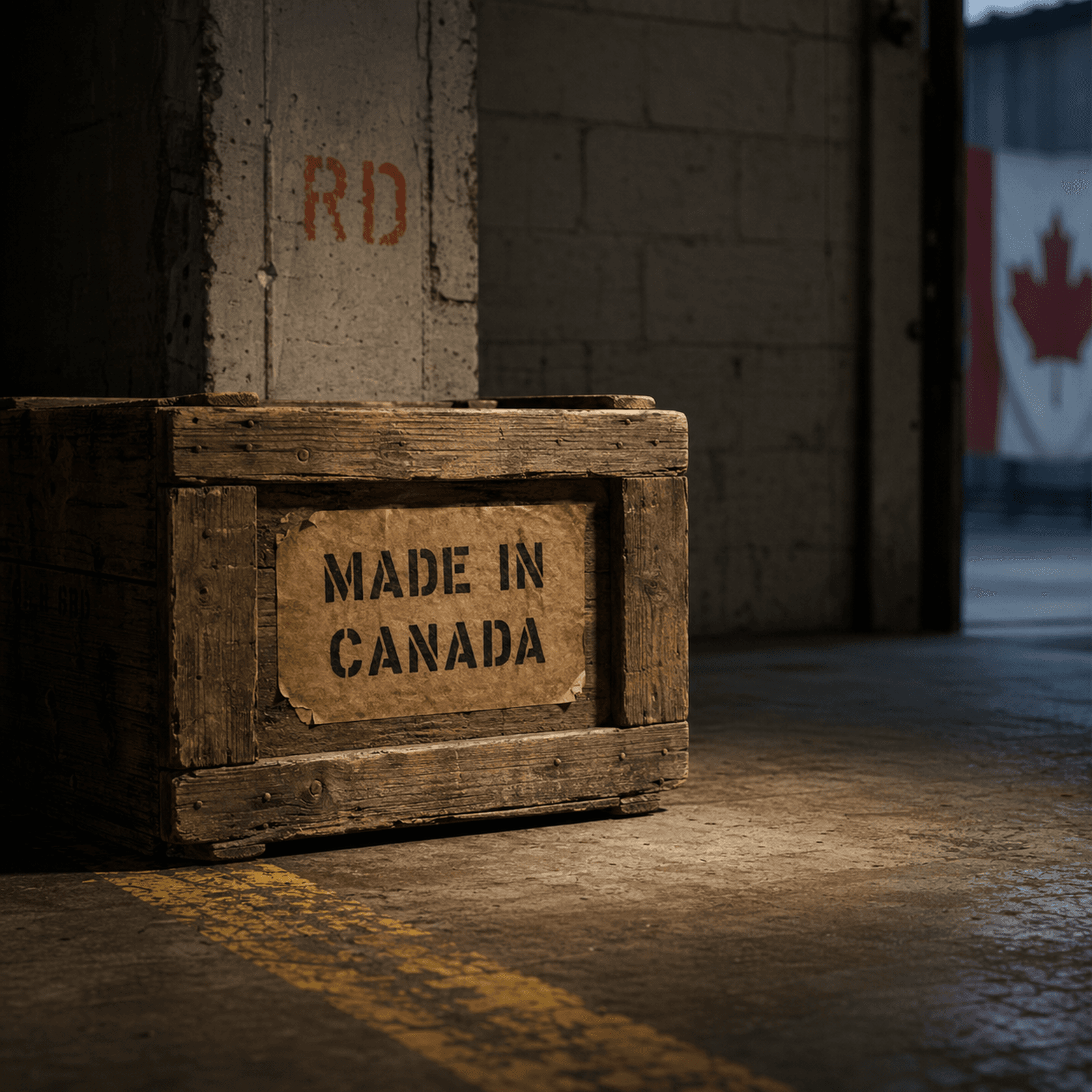 Wooden shipping crate stencilled "Made in Canada" on the RD shop floor